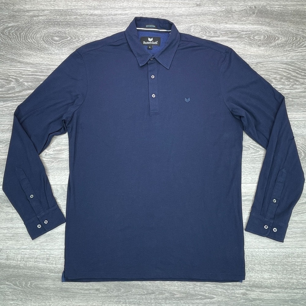 Buttercloth Shirt Mens Large Navy Polo Icy Cotton Performance Casual Long Sleeve